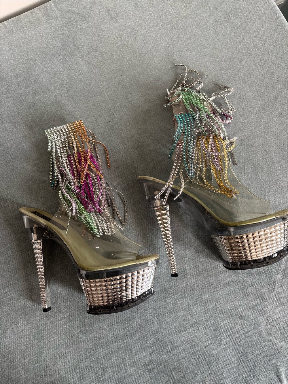 Clear Platform Stiletto Sandals with Multicolor Fringe
